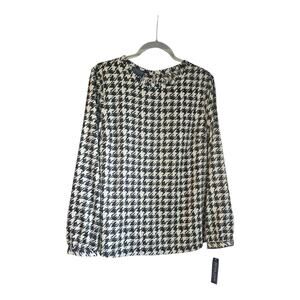 Pendleton Womens 14 Petite Black White Houndstooth Long Sleeve Blouse Top Shirt